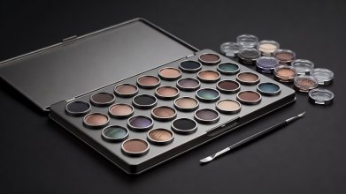 Depotted metal cosmetic eyeshadow pans neatly arranged in a sleek magnetic palette