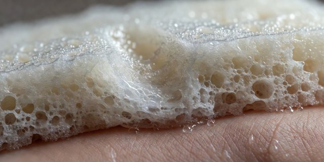 Macro texture of damp open-cell polyurethane sponge compressing against skin