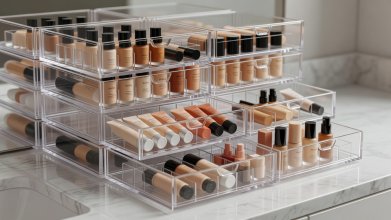 Clear lucite vanity storage drawers showing clean organization of foundations and concealers