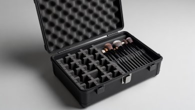Hard-shell travel cosmetic case with customizable foam dividers and organized brush compartments
